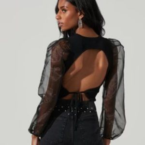 ASTR THE LABEL Audrina Puff Sleeve Top Sweater Knit w/ Black Organza Size Large